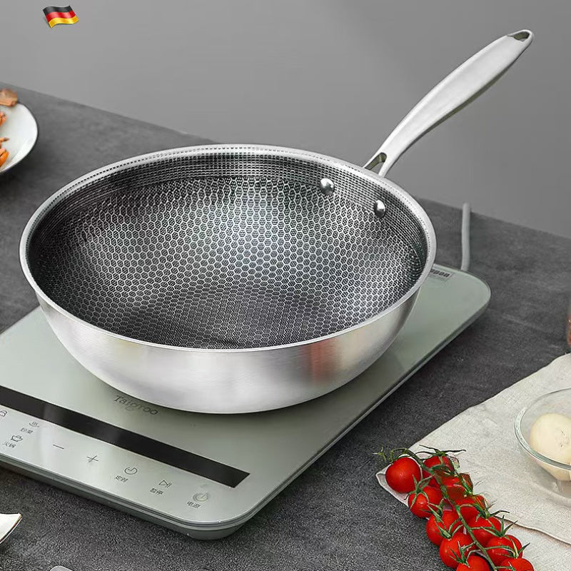 Honeycomb Non-Stick Uncoated Wok, zanglamas po'latdan yasalgan oshpaz tutqichi bilan, chizishdan himoyalangan, gaz va induksion plitalar uchun mos, faqat qo'l bilan yuvish uchun mo'ljallangan qozon.