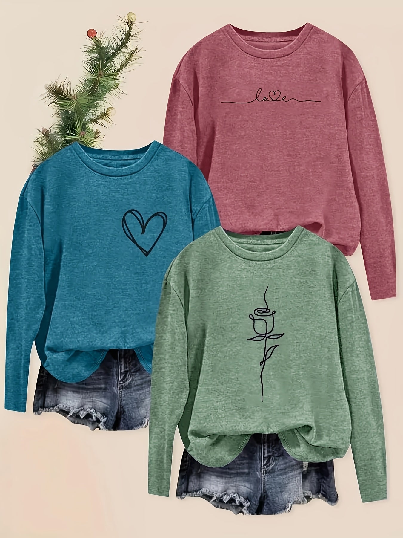 Women's Long Sleeve Cotton Casual Tops Set with Geometric Prints in Pink Blue Purple