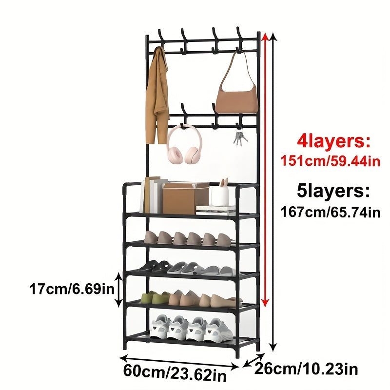Elegant Metal Hall Tree with Coat and Shoe Rack Black White Multi-Purpose Organizer