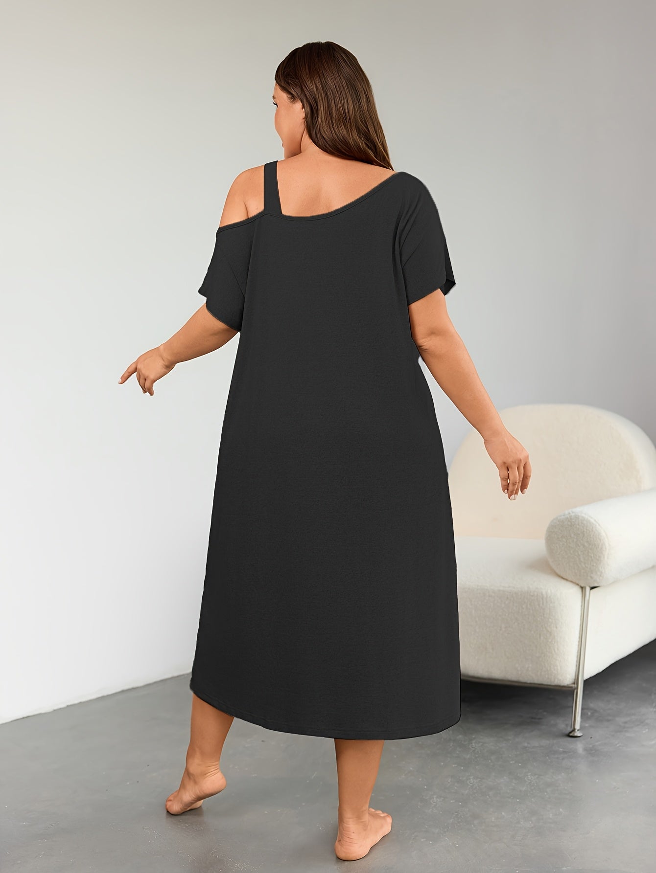 Plus Size Women's Sleep Dress Off-Shoulder Letter Print Gray Pajama Set