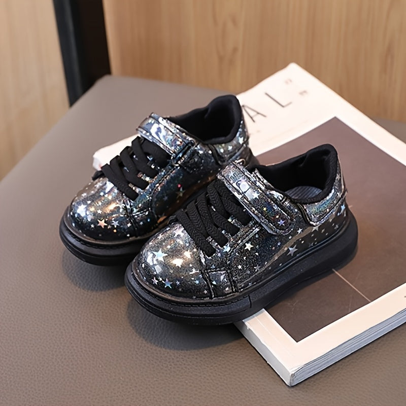 Kids Glittery Sequin Sneakers with Hook-and-Loop Strap All-Season Casual Boys Girls