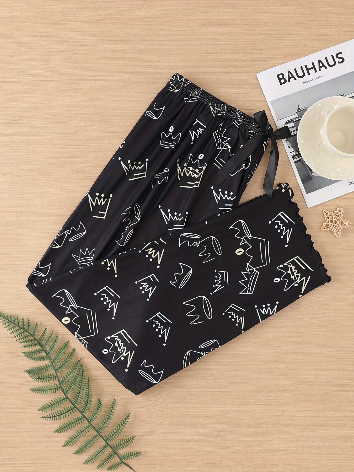 Women's Sleep Pants with Crown Print, Bow Detail, Elastic Waist