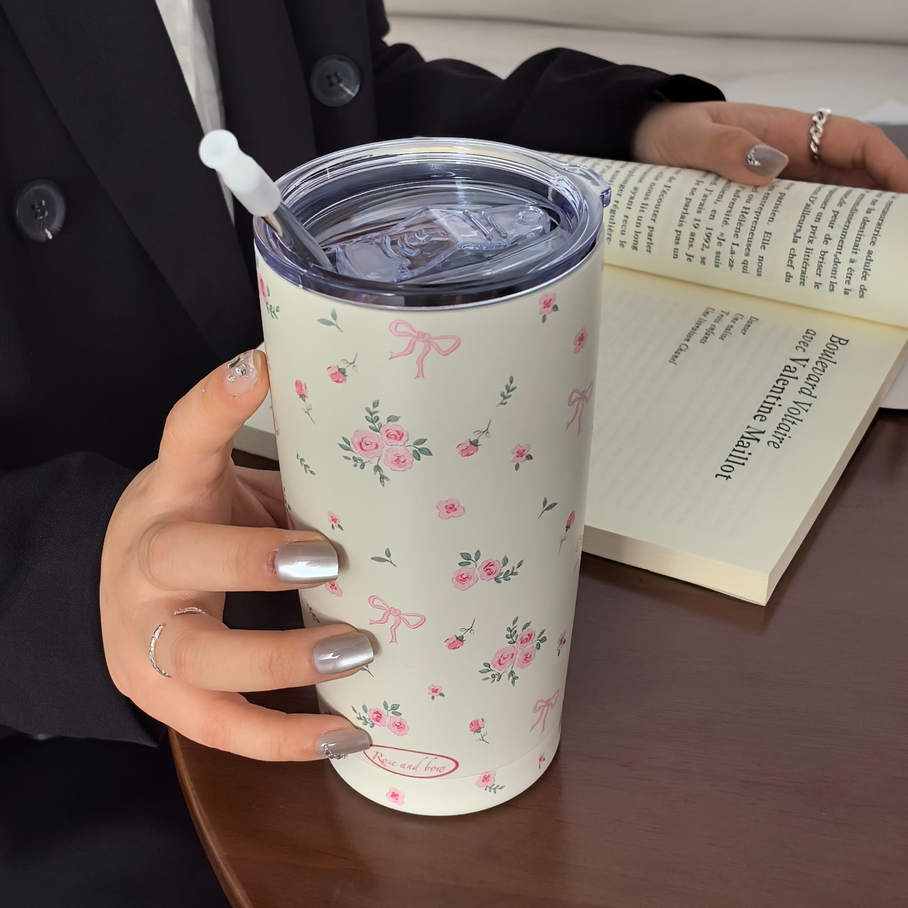 Insulated Stainless Steel Travel Mug with Rose Floral Butterfly Design Double Wall Hot Cold Beverage Tumbler