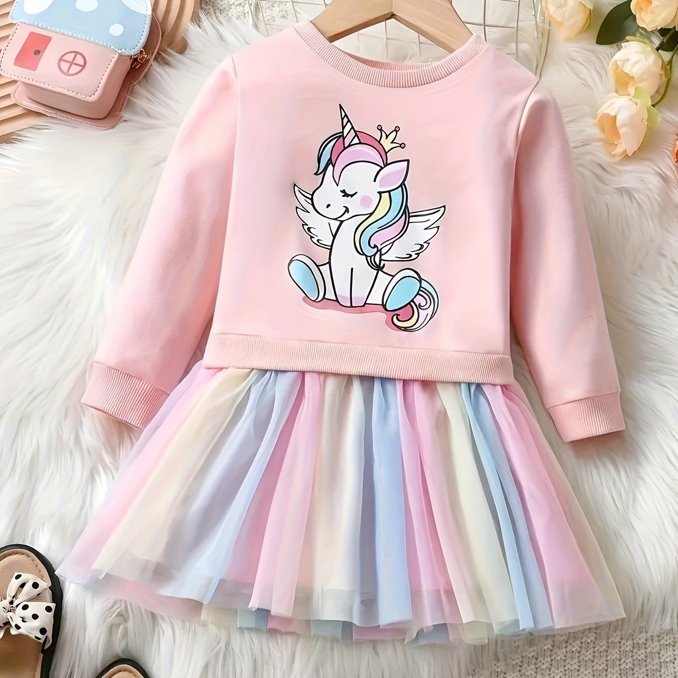 Girls Rainbow Tutu Dress with Unicorn Print Long Sleeve Midi Autumn Spring