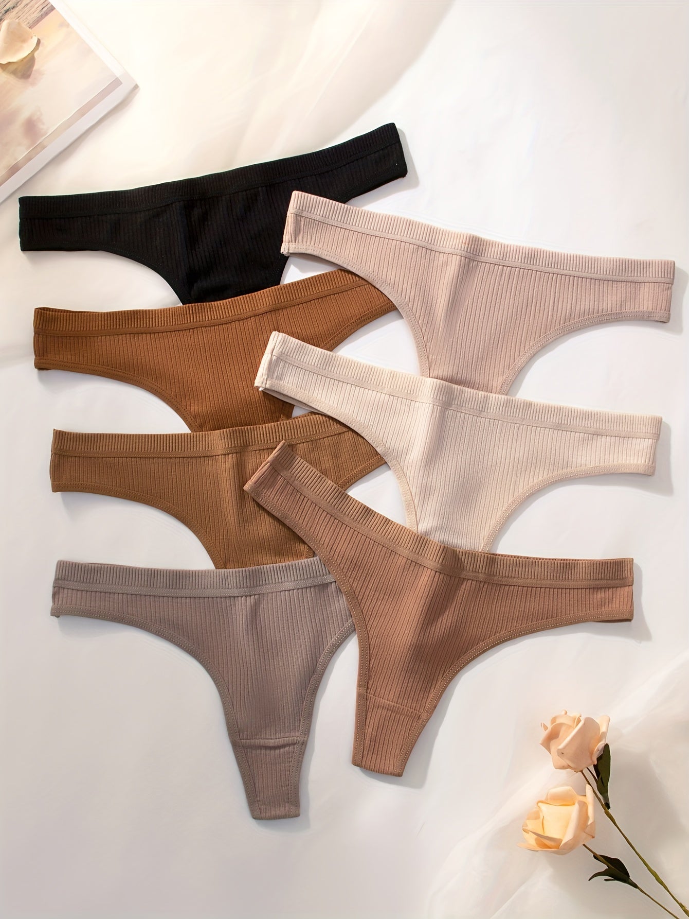 7-Pack Women's Ribbed Solid Color Thongs Polyester Blend Casual Underwear