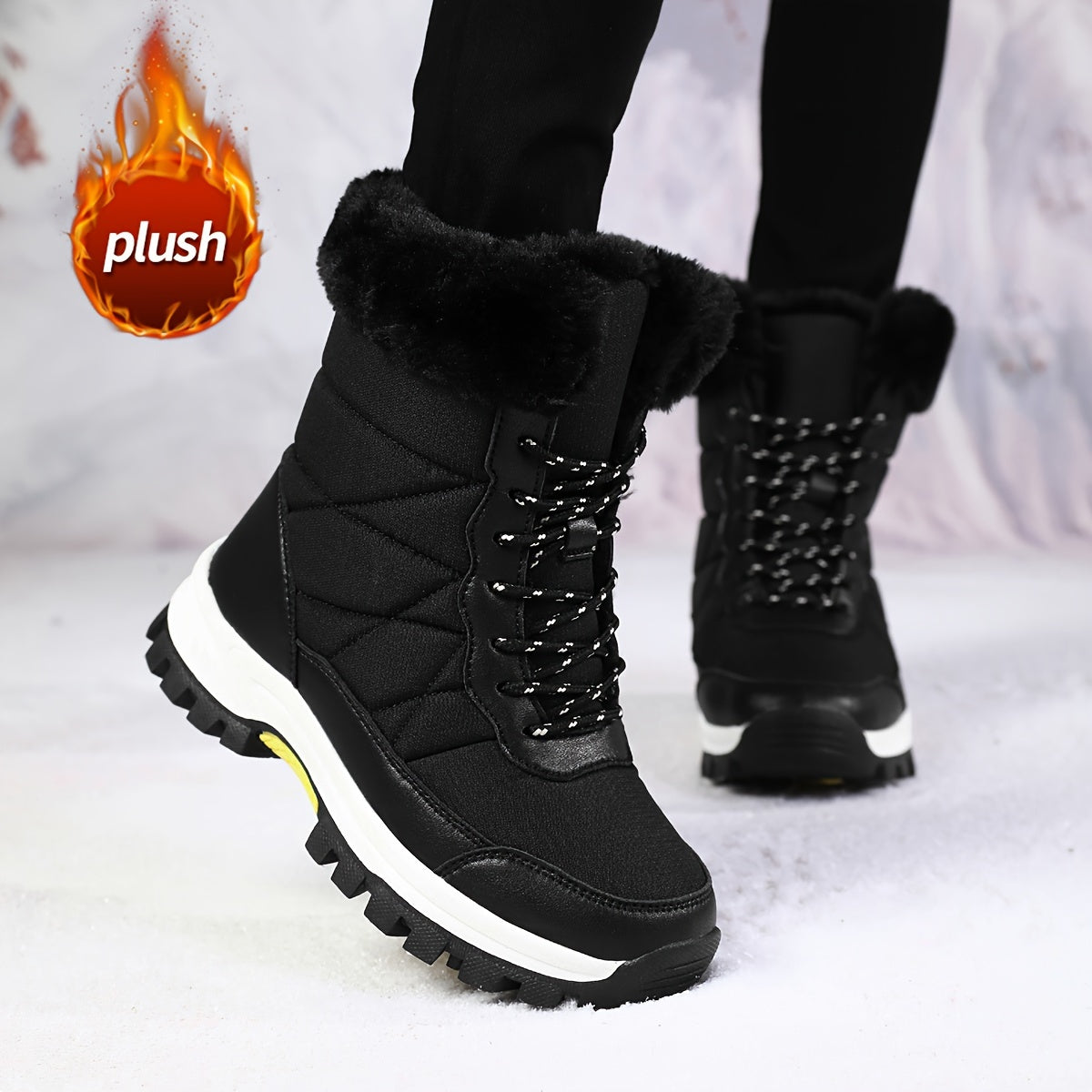 Women's Plush-Lined Winter Snow Boots Black Faux Fur Quilted Lace-Up