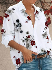 Women's Plus Size Floral Print Casual Blouse with Button-Up Front and Long Sleeves