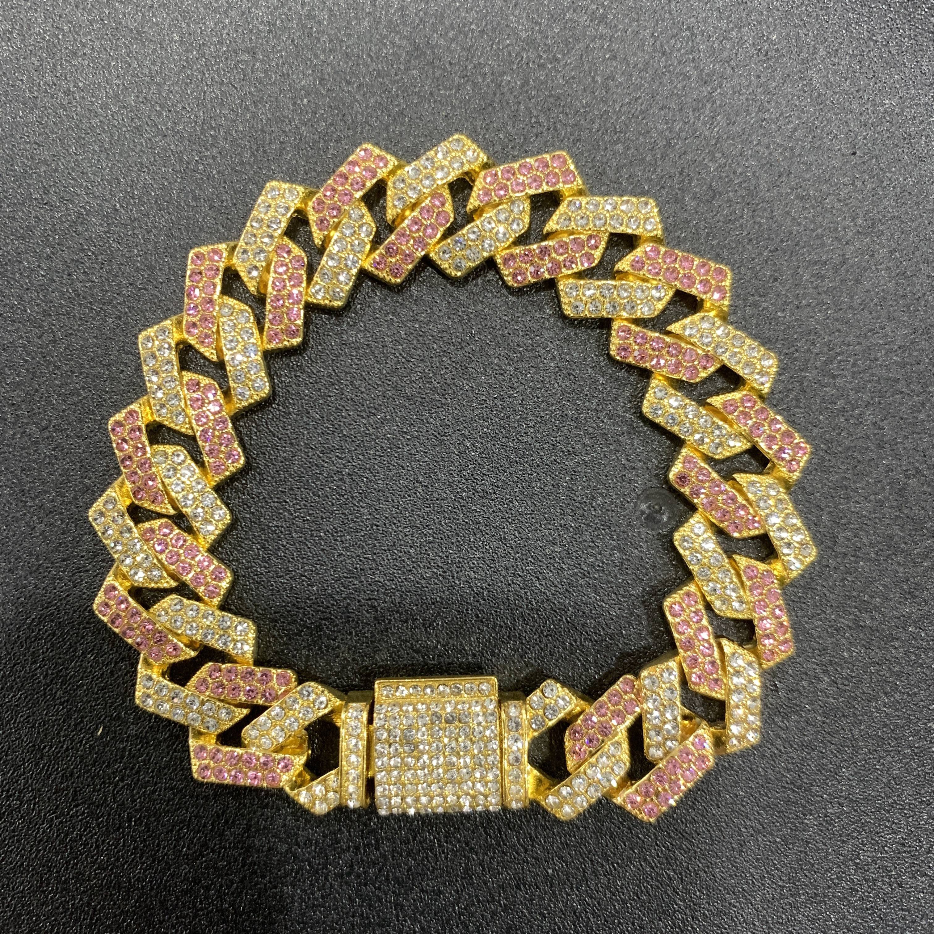 Men's Silver Pink Blue Cuban Link Chain Iced Out Lab Faux Diamonds Miami Necklace Choker