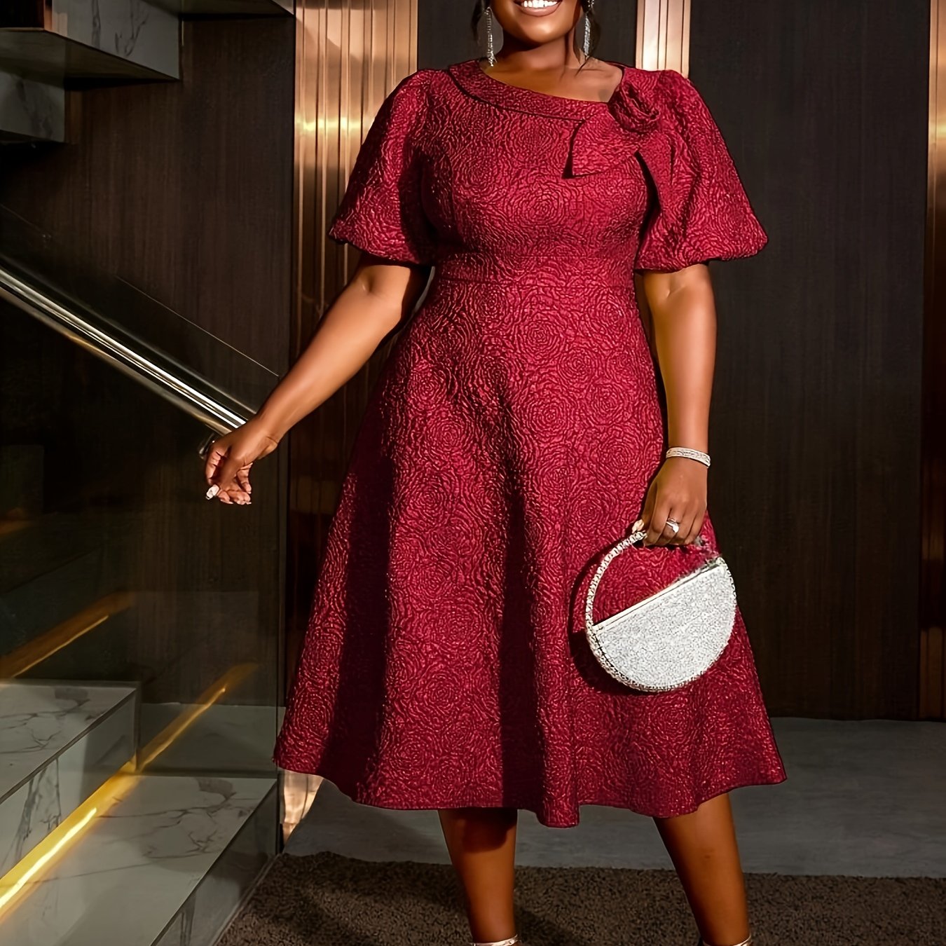 Plus Size Women's Rose Jacquard Flared Sleeve A-Line Skirt Dress for Parties