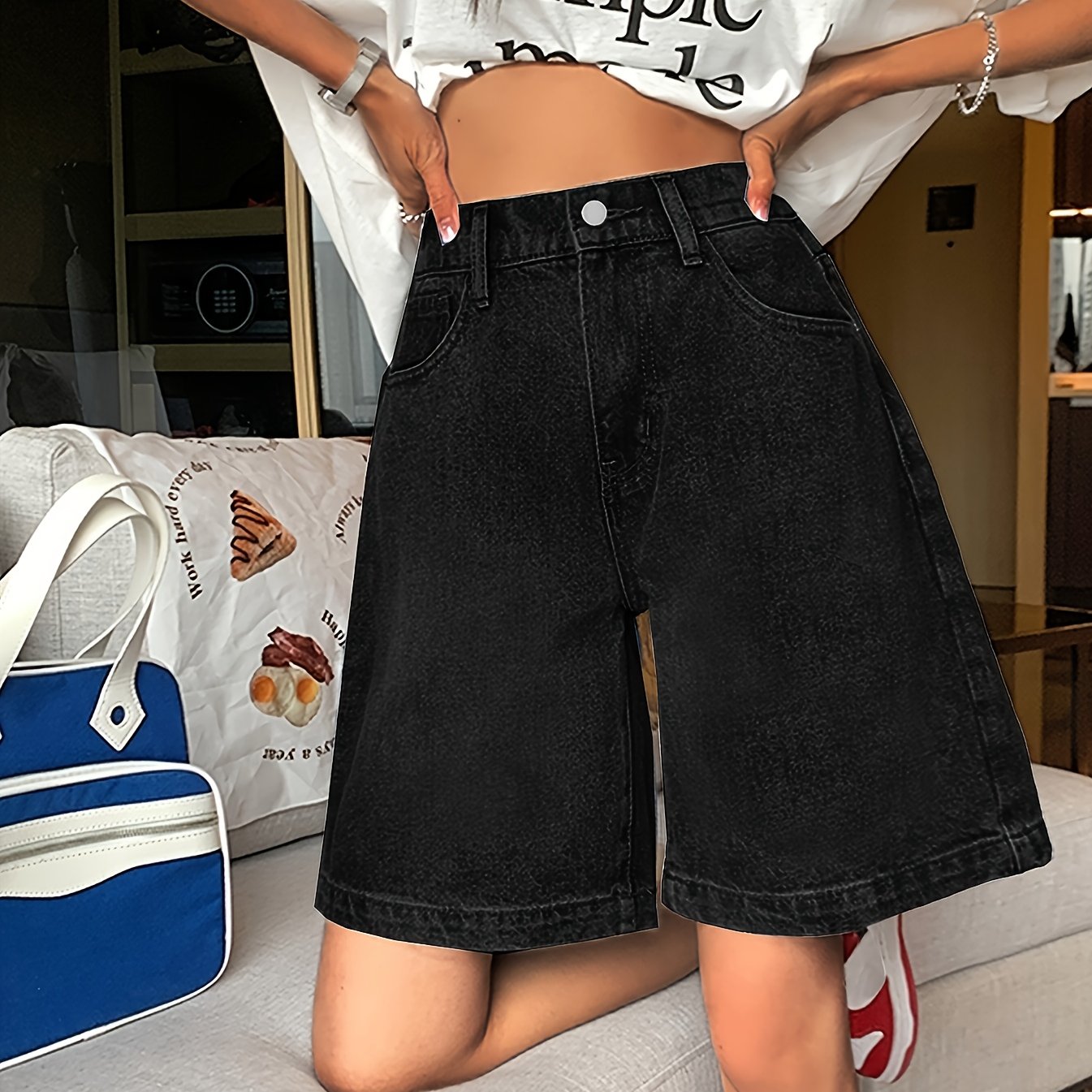 Women's High-Waisted Denim Pants with Elastic Waist Wide Leg Bermuda Summer Style