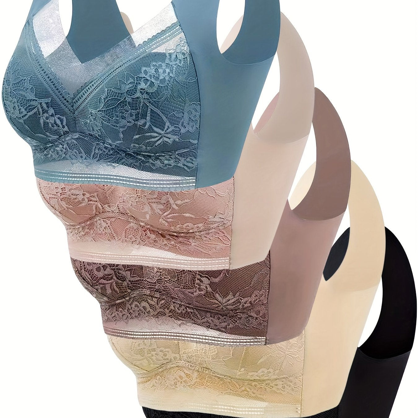 Besh nafis gullar bilan to'qilgan simsiz braletlar, qulay to'liq qoplama va ko'taruvchi qo'llab-quvvatlashni ta'minlaydi. Ayollarning ichki kiyimlari va ichki kiyimlari uchun ideal.