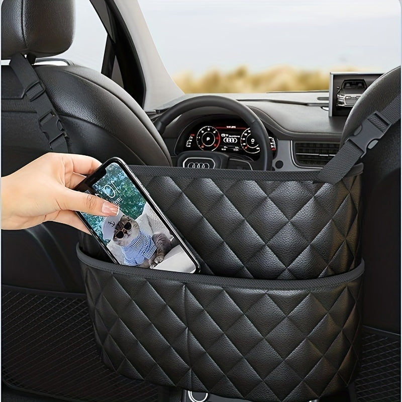 Premium PU Leather Car Seat Organizer Black Quilted Backseat Storage