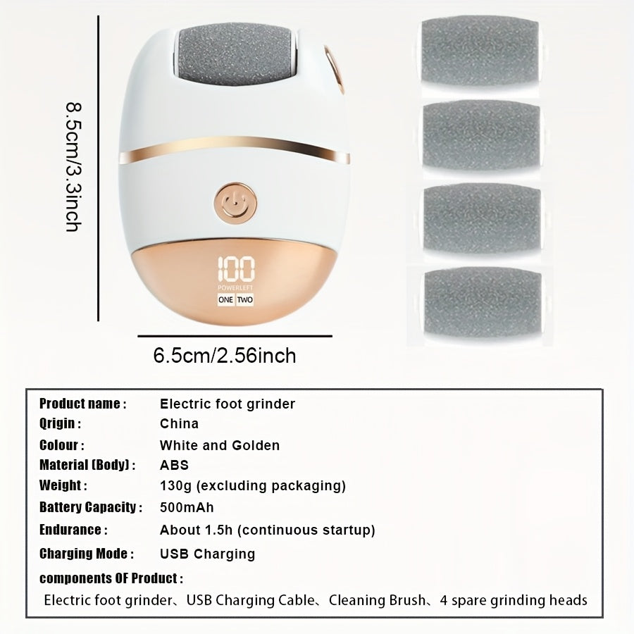 Electric Foot Grinder with LED Display, Rechargeable Lithium Battery, 4 Grinding Heads, Pedicure Skin Remover for Cracked and Hardened Feet
