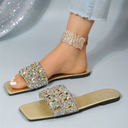 Women's Rhinestone Square Toe Flat Sandals Slip-On Summer Open Toe Ankle Strap