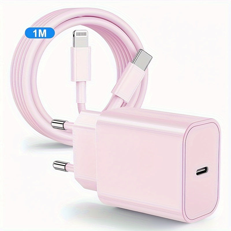 10W USB-C zaryadlovchisi iPhone, iPad, Android va boshqa qurilmalar uchun, Evropa standartidagi ulagich va pushti rangda.
