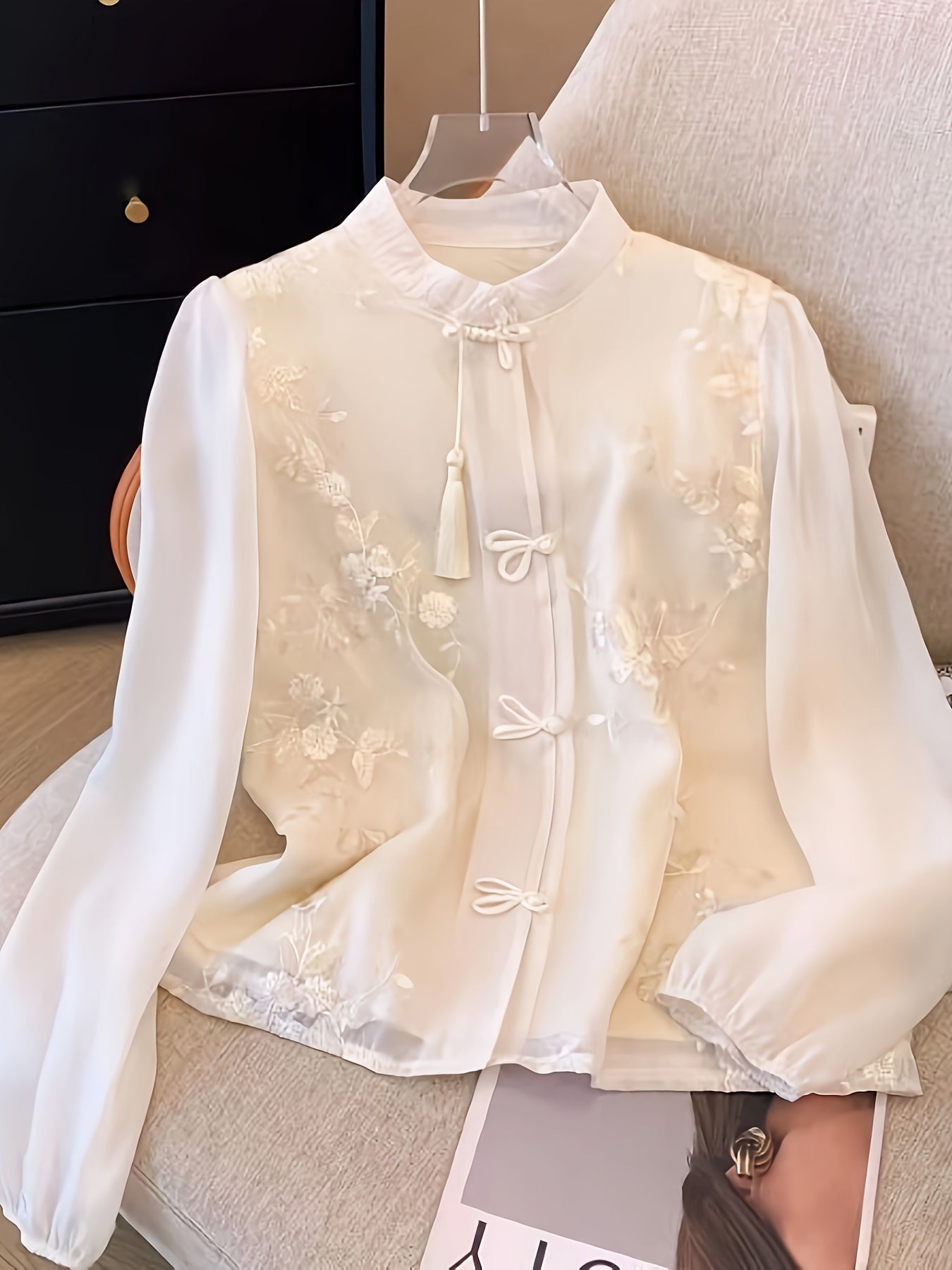 Women's Embroidered Long Sleeve Blouse with Stand Collar Polyester Woven Spring Summer Fashion