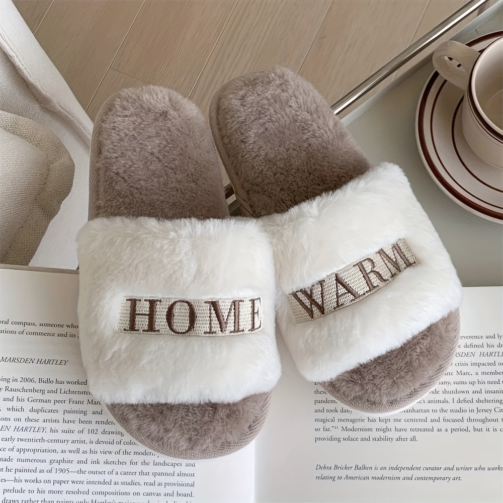 Women's Faux Fur Open-Toe Slippers for Living Room and Bedroom Warm Anti-Slip