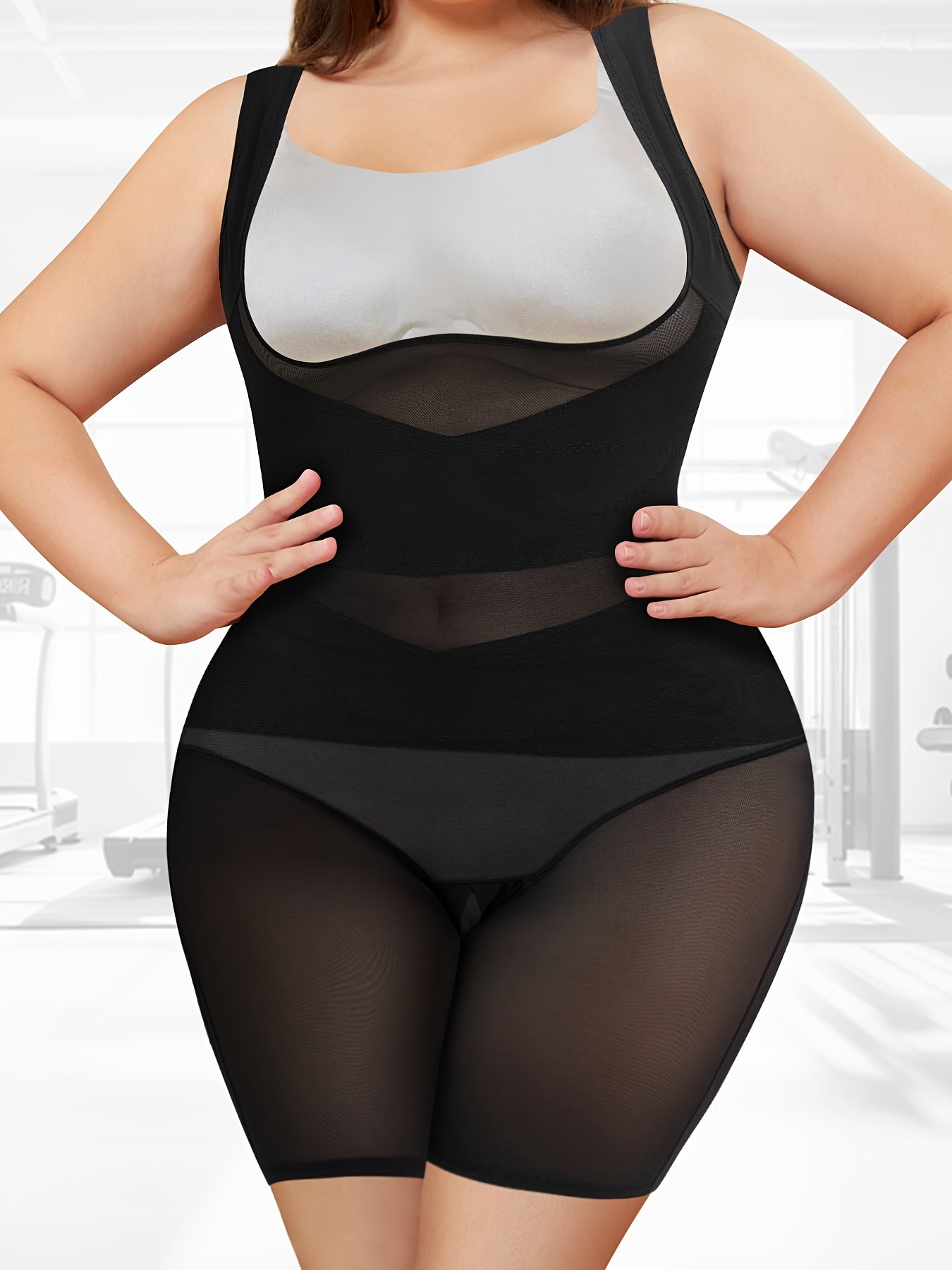 Plus Size Womens Breathable Sports Bodysuit Mesh Shorts Style Butt Lift Thigh Slimming