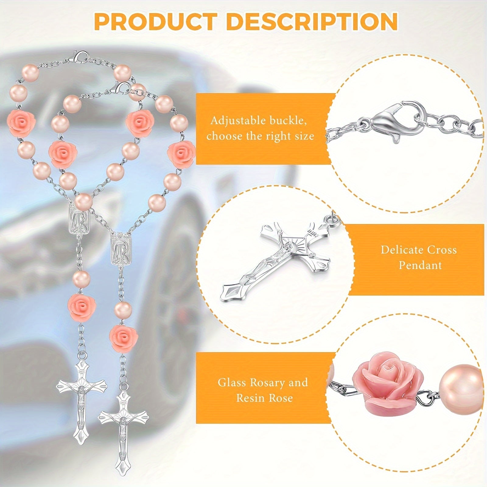 Car Interior Decor Rosary Mirror Beads Catholic Prayer Cross Accessory