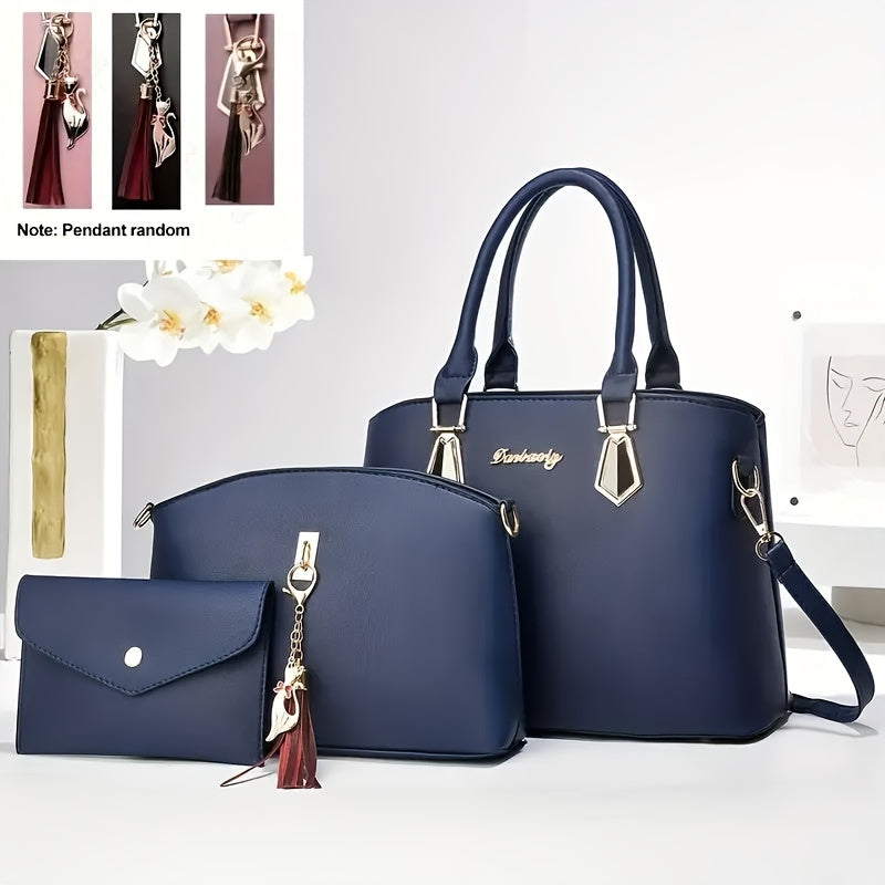 Women's 3-Piece Faux Leather Handbag Set with Tassel Crossbody Tote and Sling