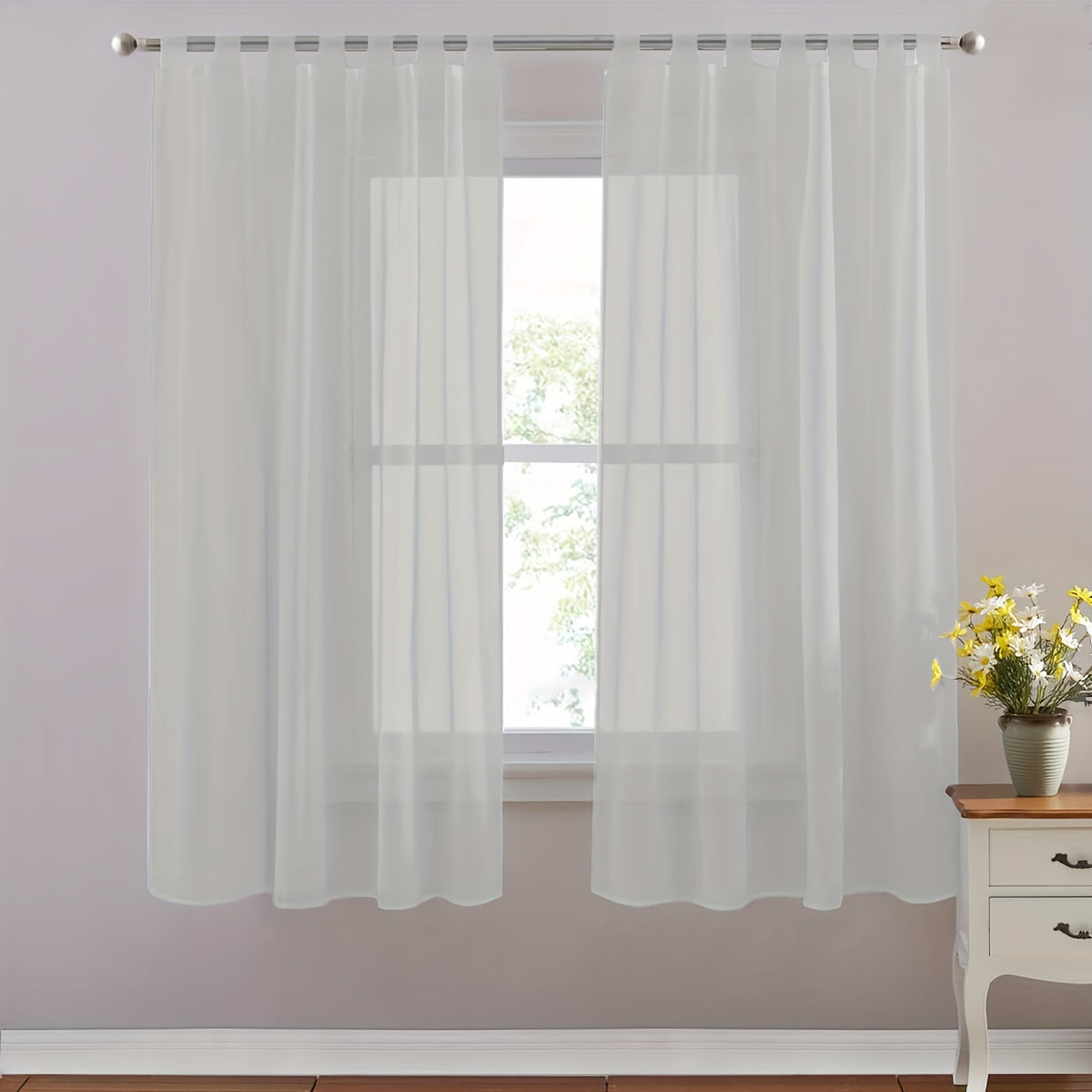 Set of 2 White Sheer Curtains with Tab Tops for Bedroom Living Room Dining Room