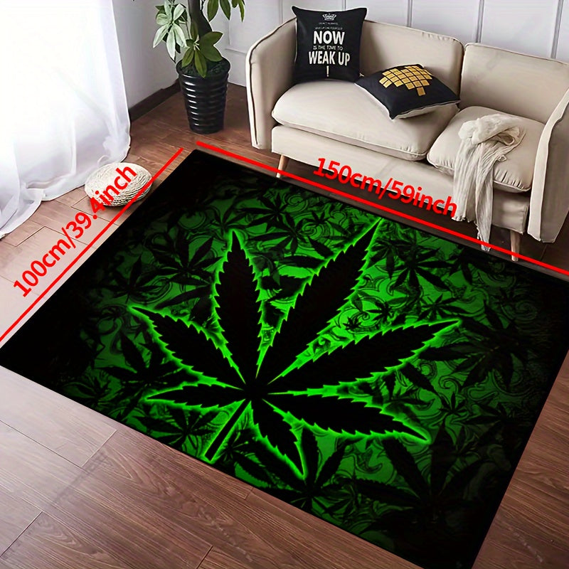 Black Background Fluorescent Marijuana Leaves Felt Rug 1000g/m² Machine Washable Multiple Sizes