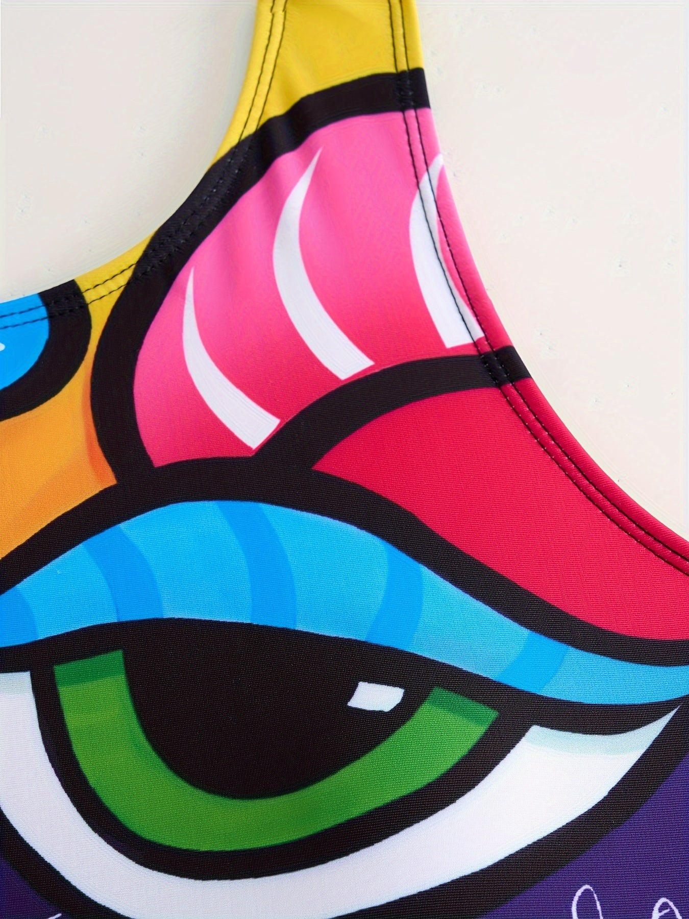 Colorful Abstract Face Print One-Piece Swimsuit for Women High-Stretch Polyester Removable Pads