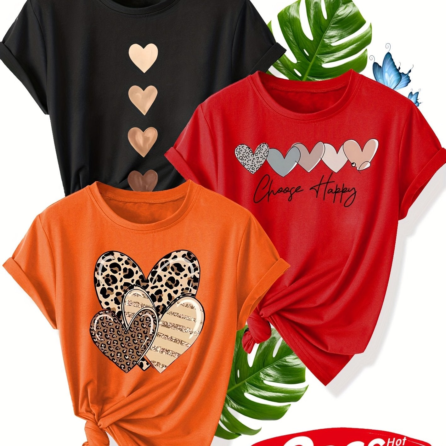 Women's Retro Heart Graphic Tees 3-Pack Short Sleeve Summer Cotton Blend