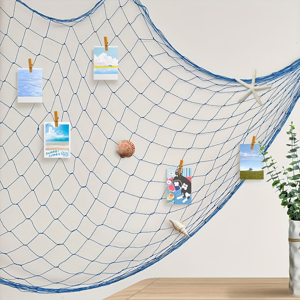 Nautical Blue Fishing Net Wall Decor with Seashells for Ocean-Themed Events