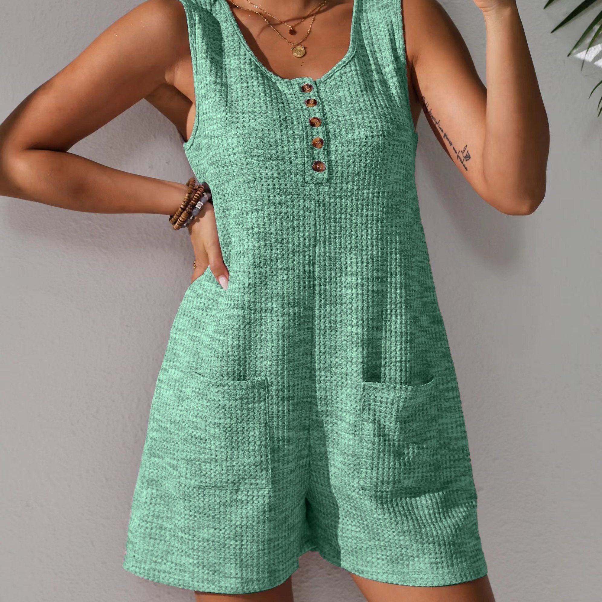 Plus Size Sleeveless Waffle Knit Romper in Pastel Pink with Pockets for Spring Summer