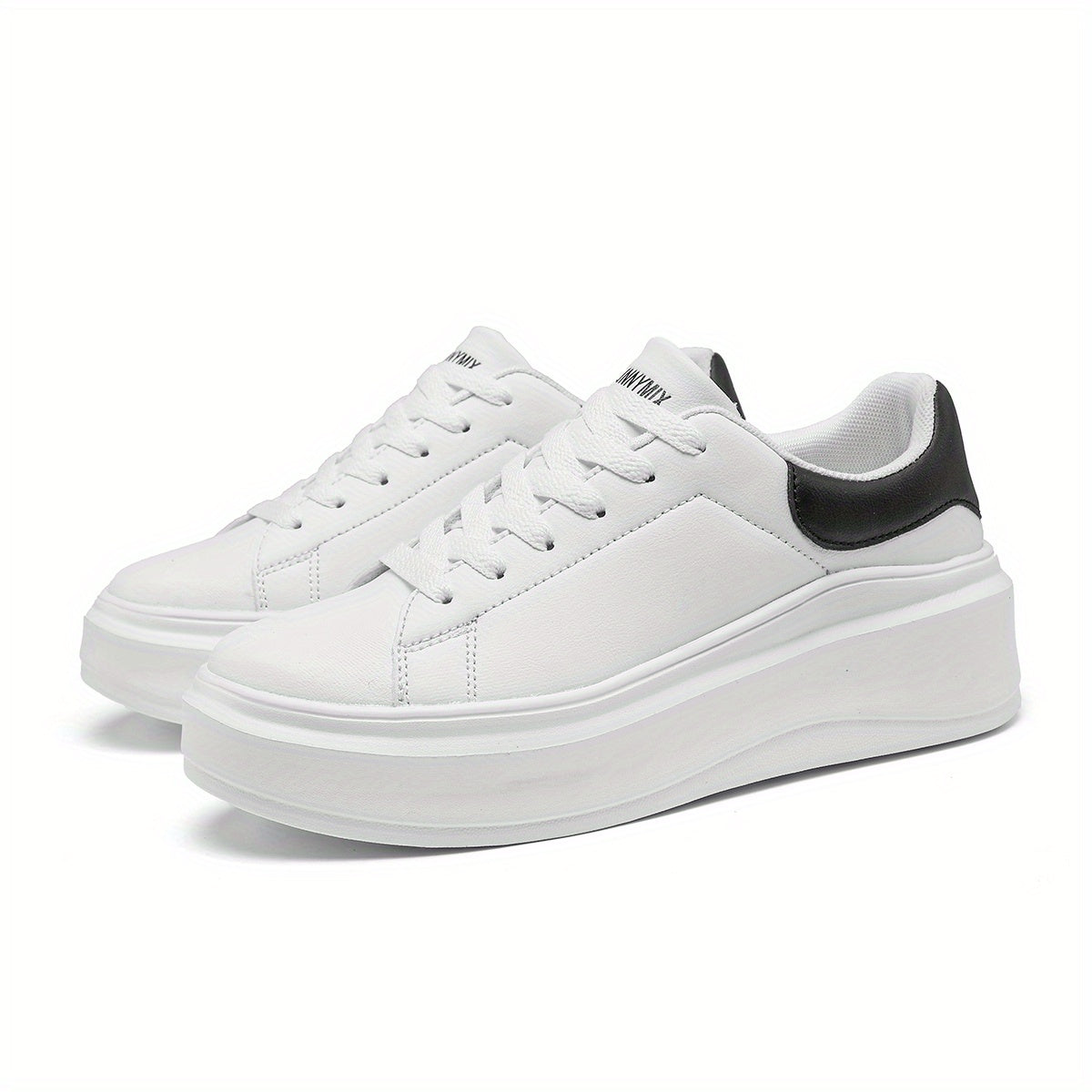 Women's Casual White Low Top Sneakers with Thick Sole and Lace-Up Design