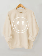 Plus Size Women's Cotton Smile Face Print Sweatshirt Long Sleeve Crew Neck