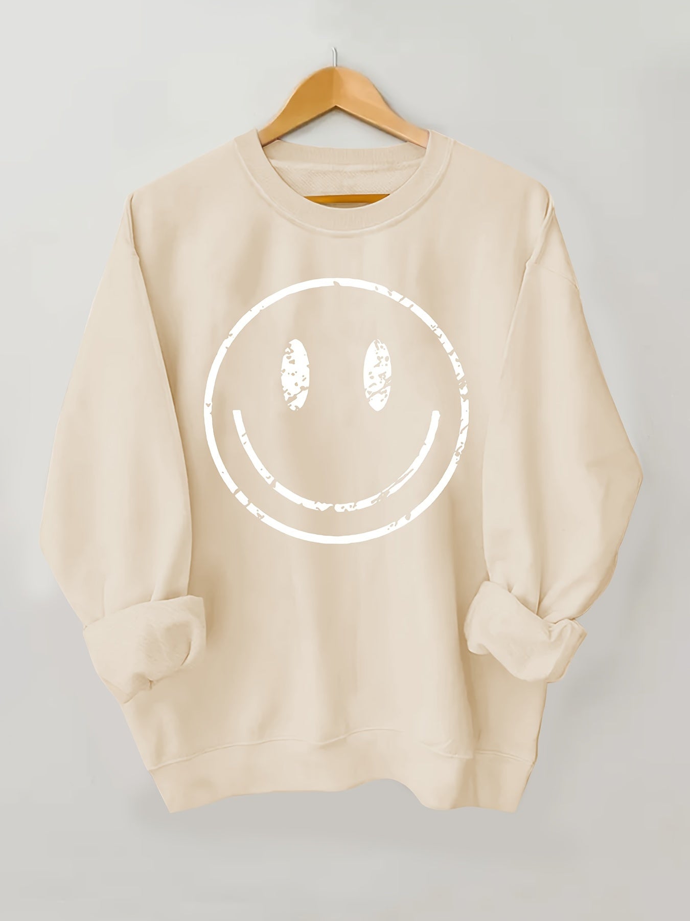 Plus Size Women's Cotton Smile Face Print Sweatshirt Long Sleeve Crew Neck