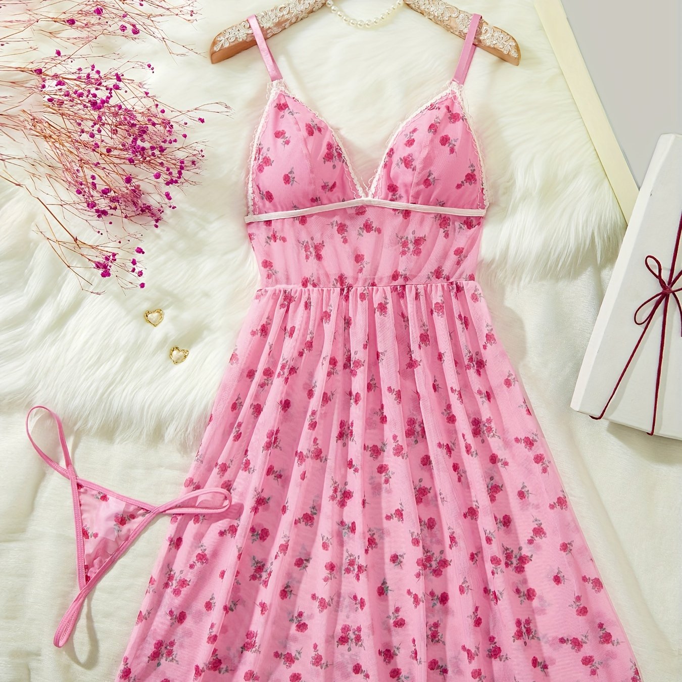 Women's Pajama Set Floral Print V-Neck Slip Dress Thong Polyester Blend Lounge