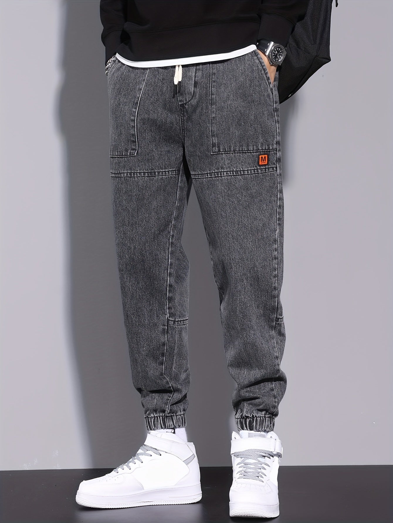 Men's Denim Jogger Pants with Elastic Drawstring Waist Cropped All-Season Street Style
