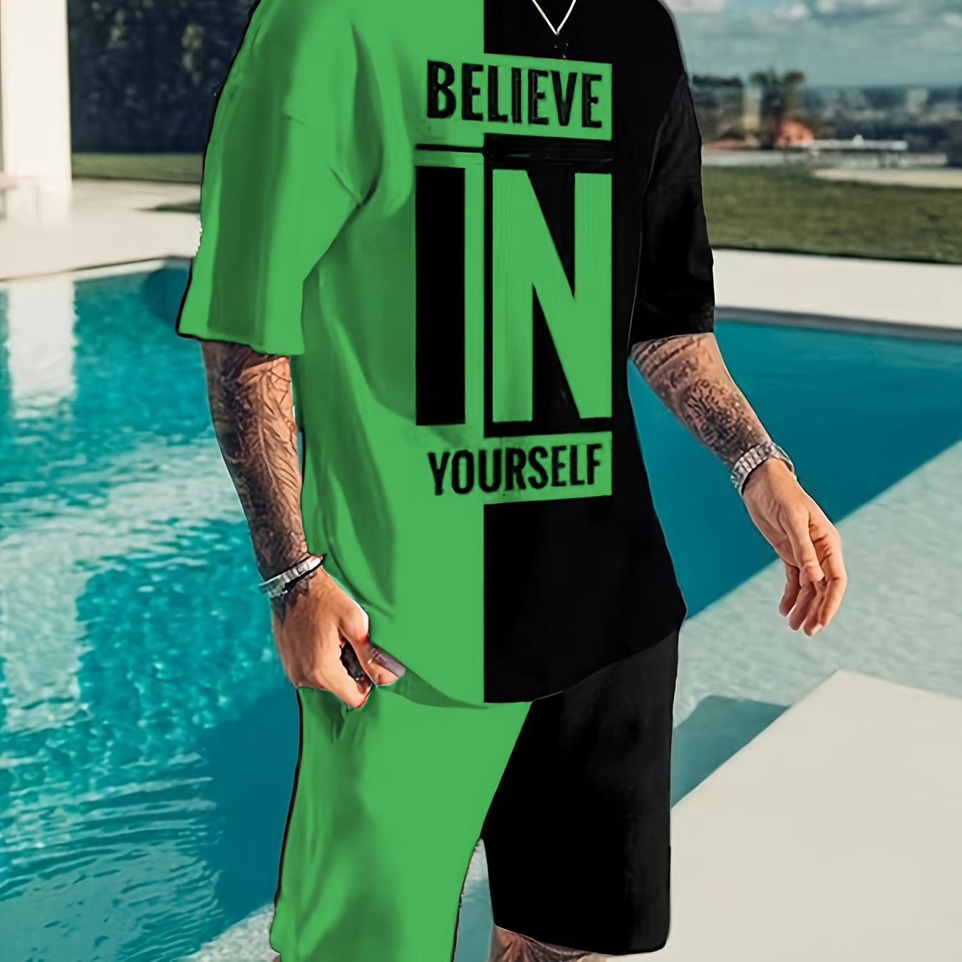 Plus Size Men's Casual Polyester T-Shirt and Shorts Set with Print Pattern