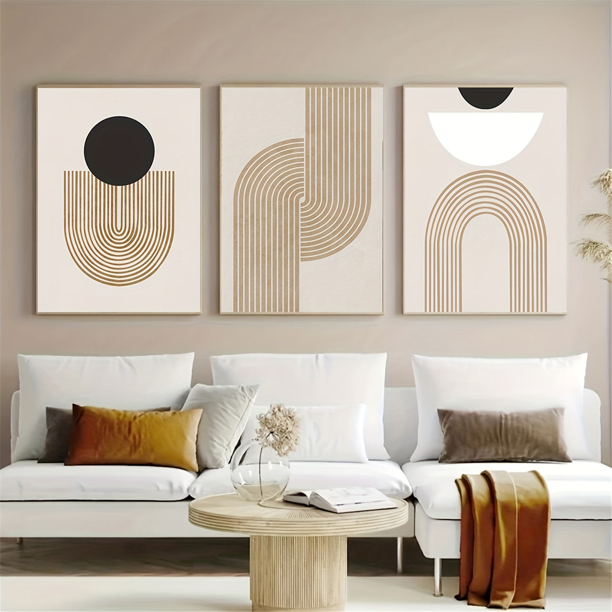 Set of 3 Geometric Canvas Wall Art Posters Modern Minimalist Black White Brown Home Decor