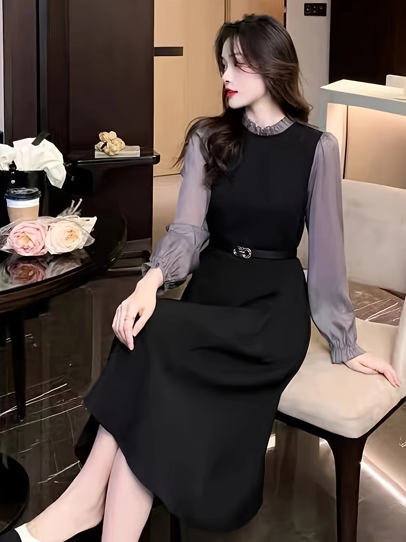 Color Block Ruffle Trim Dress Long Sleeve Aline Women's Spring Fall