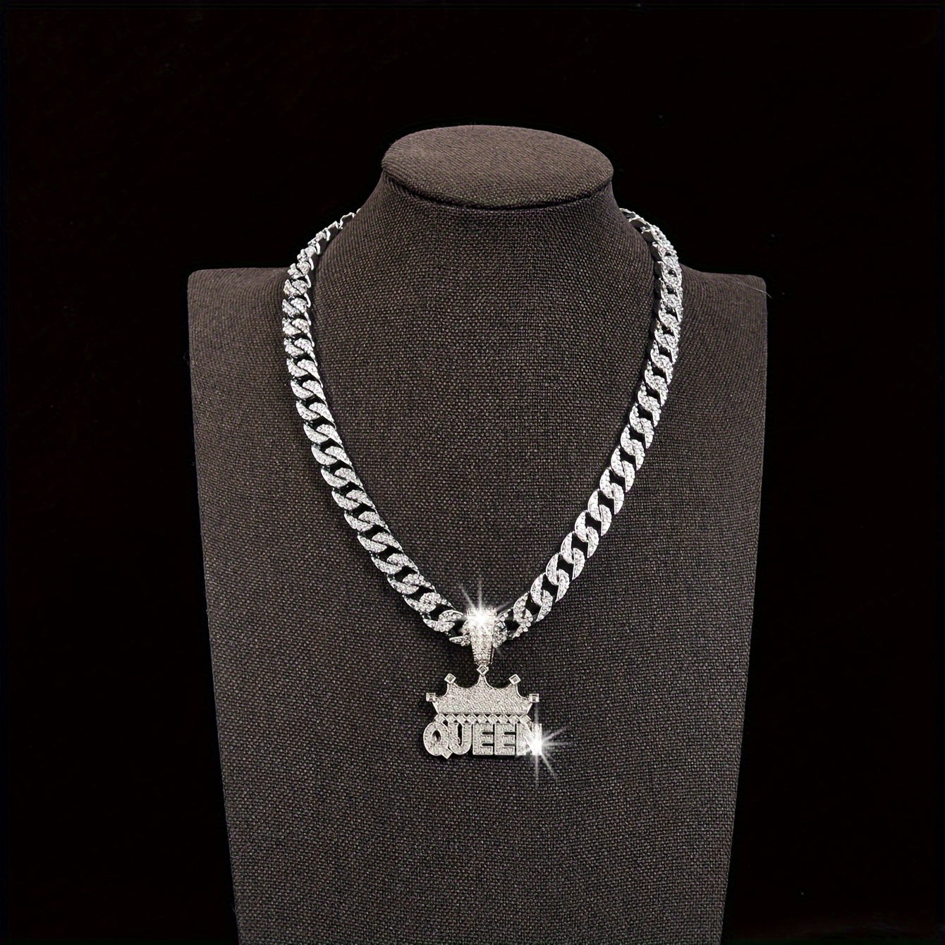Women's Cuban Link Chain Necklace with Crown Queen Pendant Rhinestones Hip Hop Style