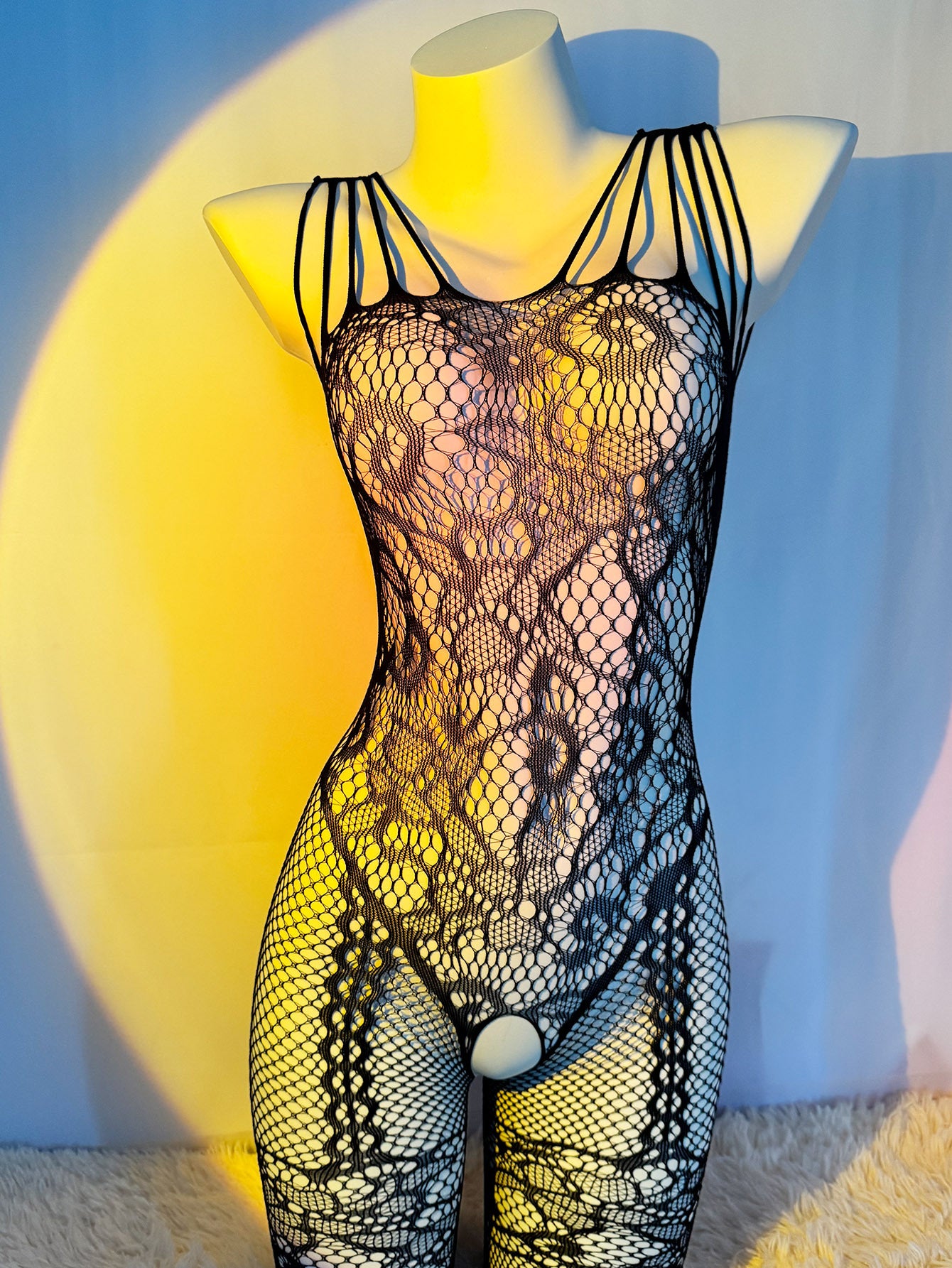 Seductive Fishnet Bodysuit with Jacquard Sleeves Crotchless Garter Socks for Valentine's Day