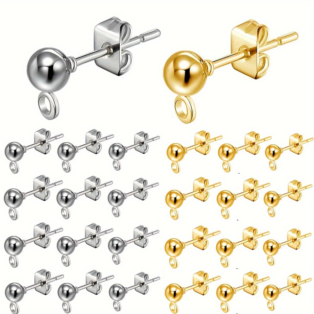80 Pcs Jewelry Findings Set with Ball and Column Earrings and Butterfly Backs for DIY Jewelry Making in Silver and Gold