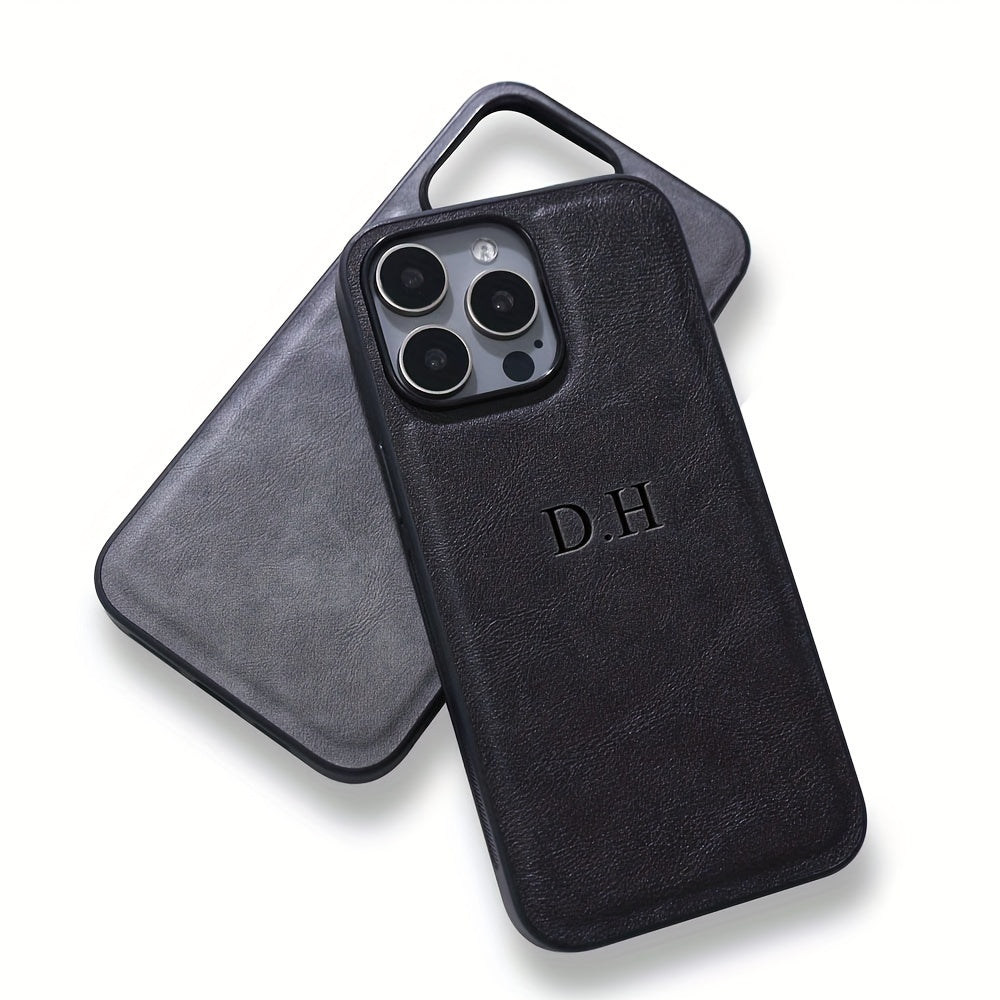 Personalized iPhone Case with 3D Engraved Initials Faux Leather Cover for Models 11-16 Pro Max Plus
