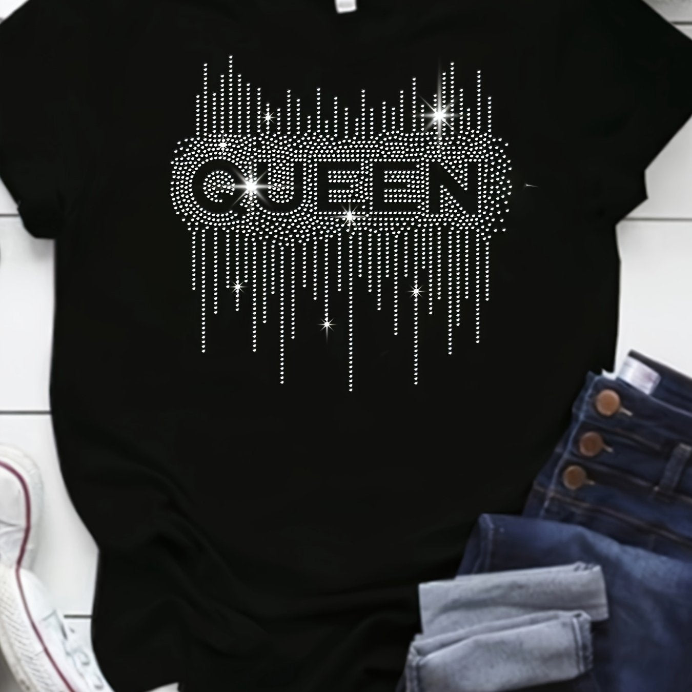 Plus Size Black Diamond Print T-Shirt with Half Sleeves Crew Neck Loose Fit for Women