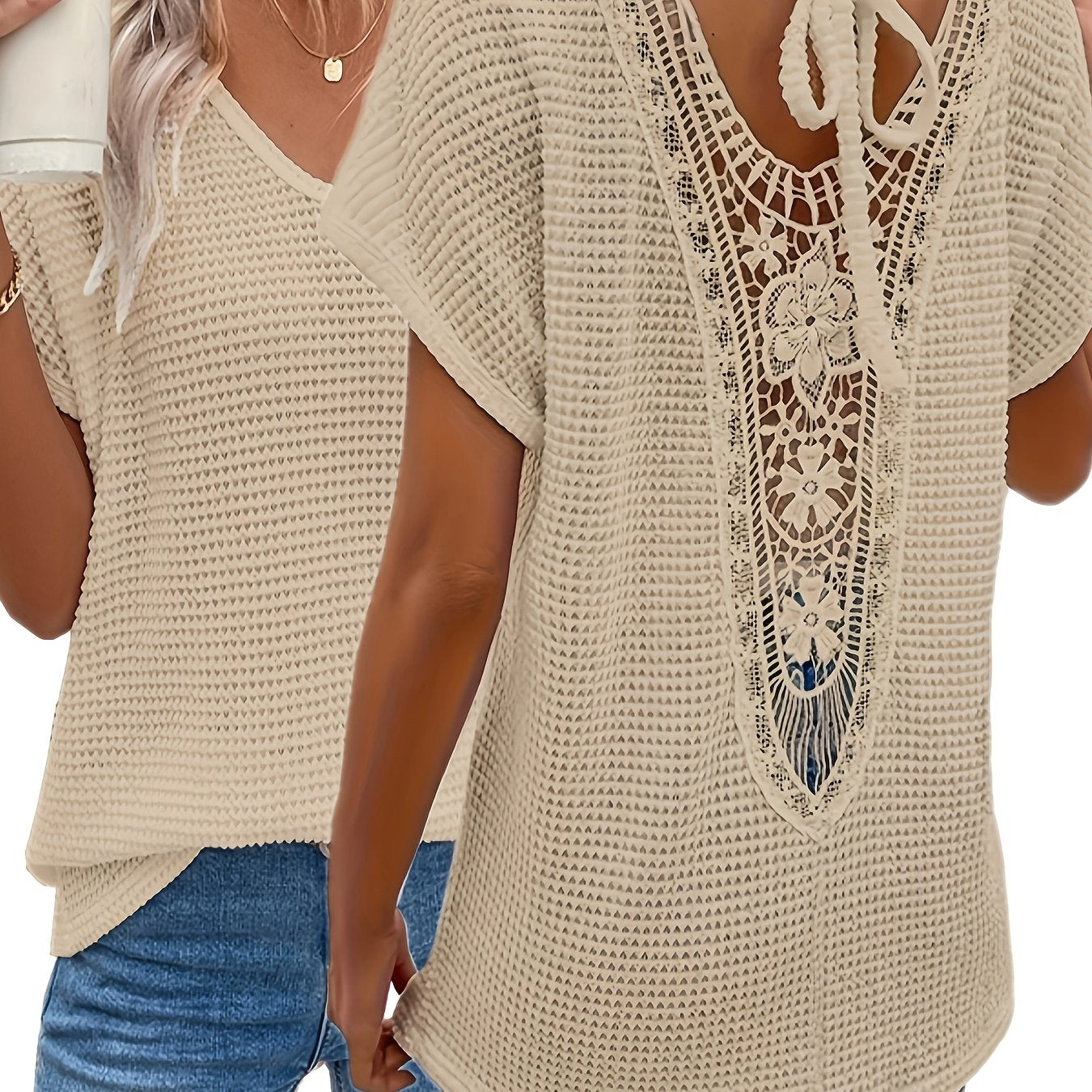 Plus Size Women's V-Neck Batwing Sleeve Lace Trim Semi-Sheer Blouse