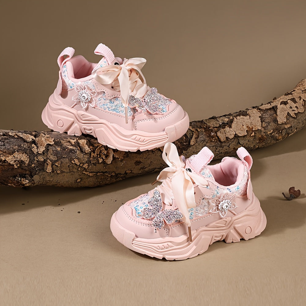 Girls' Casual Sneakers with Rhinestones and Butterfly Bow Lightweight Soft for Spring and Fall