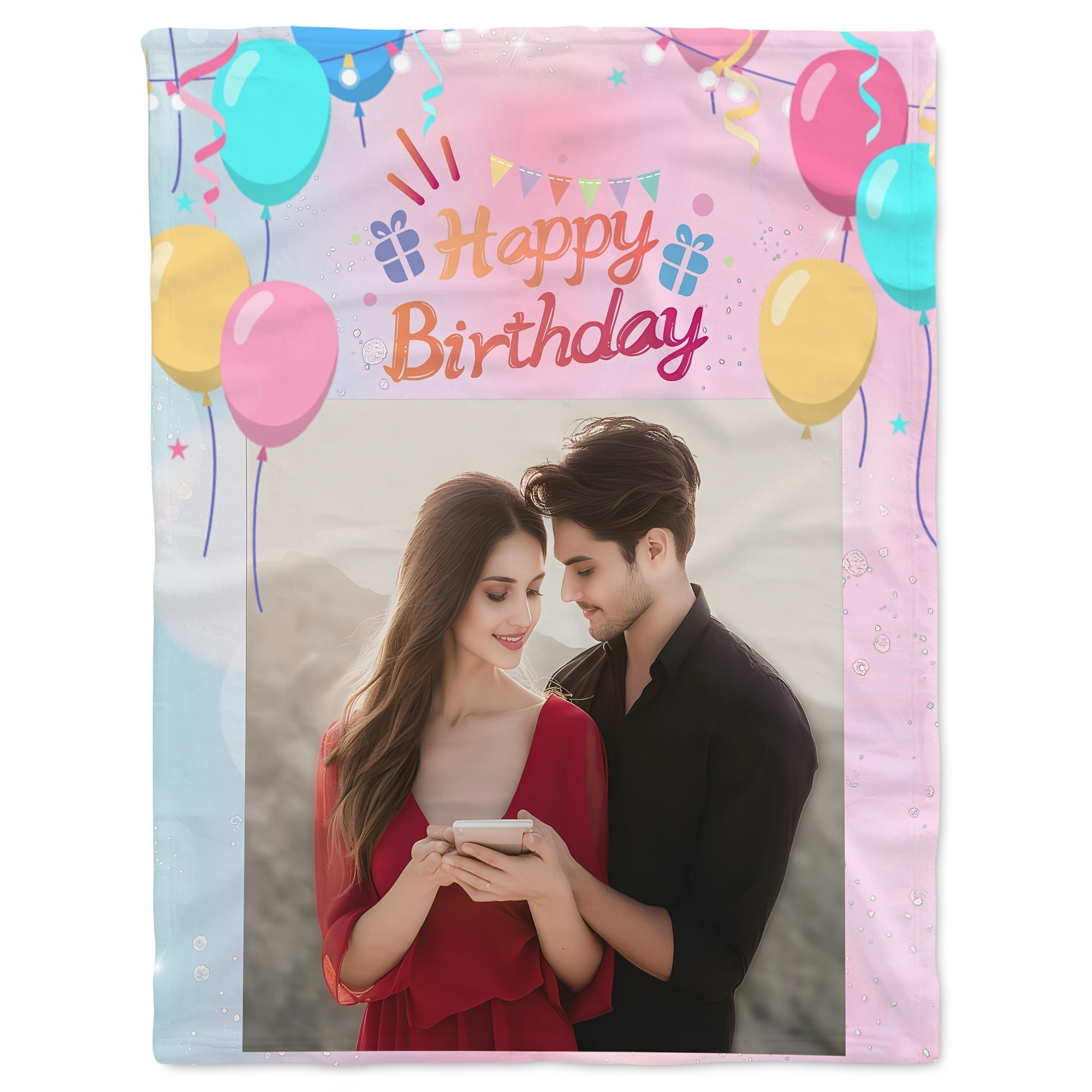 Personalized Photo Blanket with Balloons and Happy Birthday Message for Kids