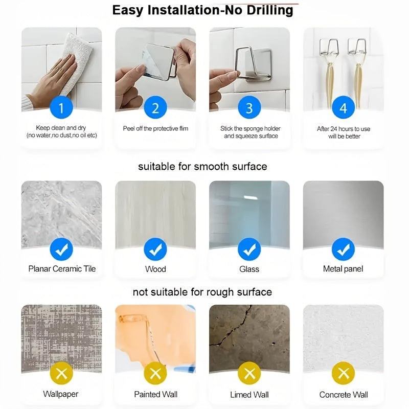 Stainless Steel Kitchen Hooks Set 1/2/4 Self-Adhesive for Sponges and Accessories