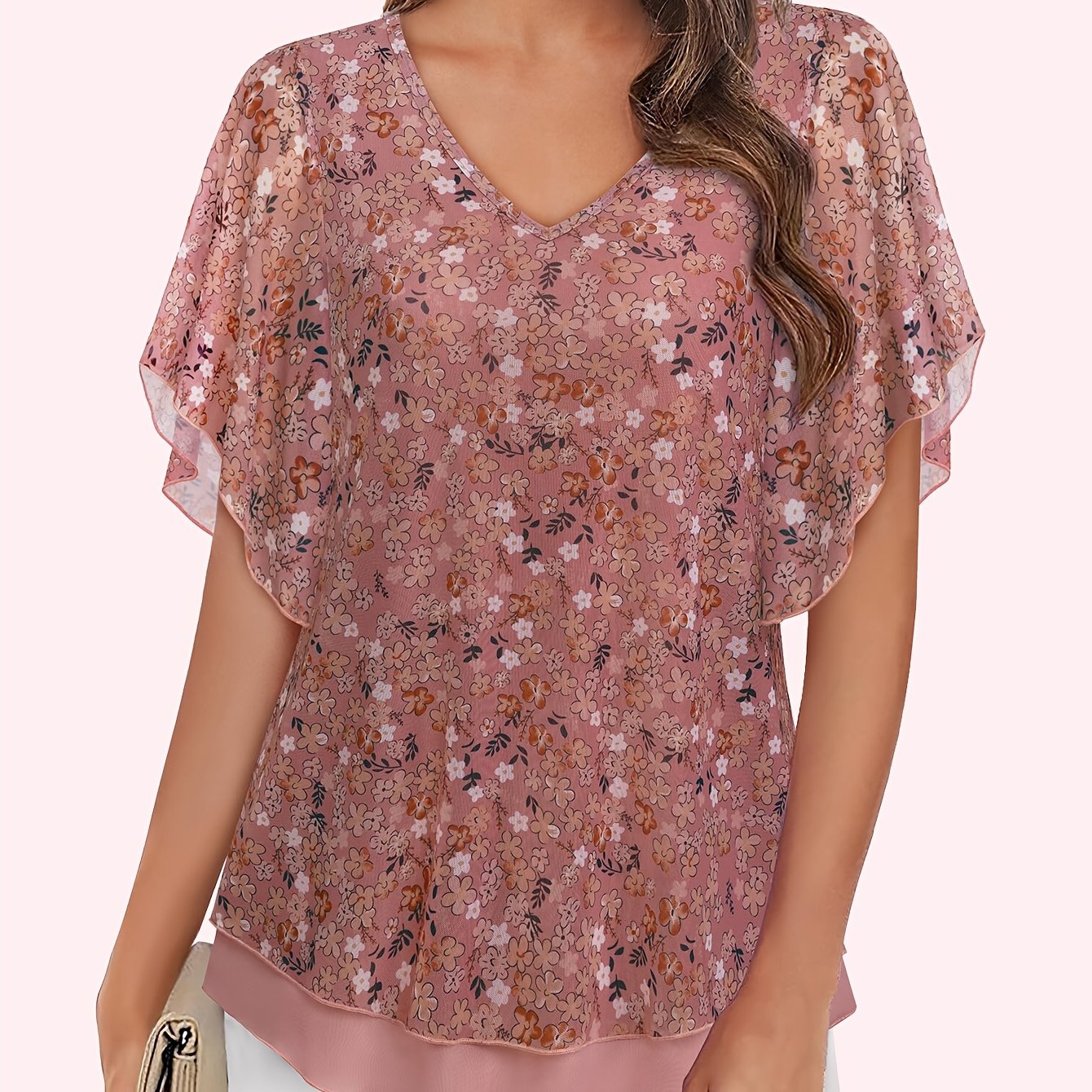 Women's Mesh Blouse Short Sleeve V-Neck Floral Ruffle Summer Tunic Top