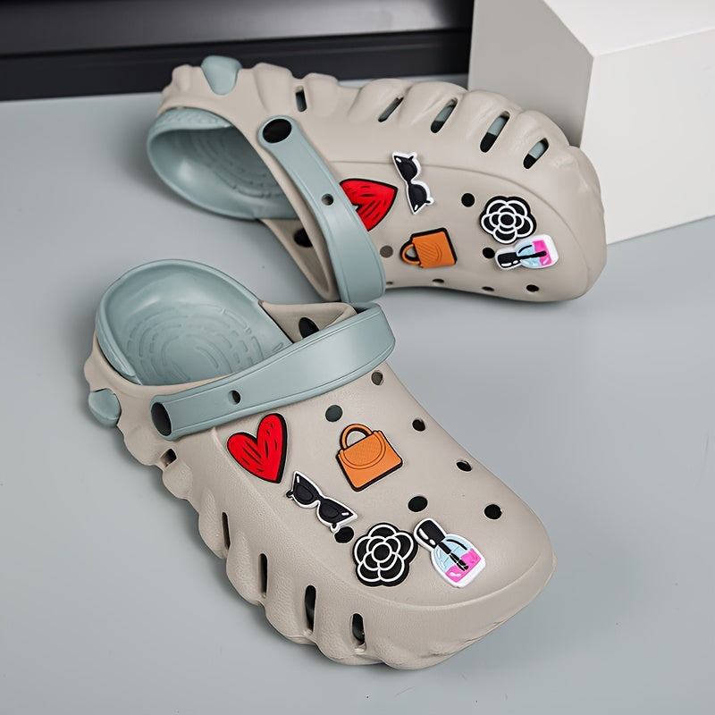 Women EVA Clog Shoes with Heart and Floral Accents, Breathable, All-Season White