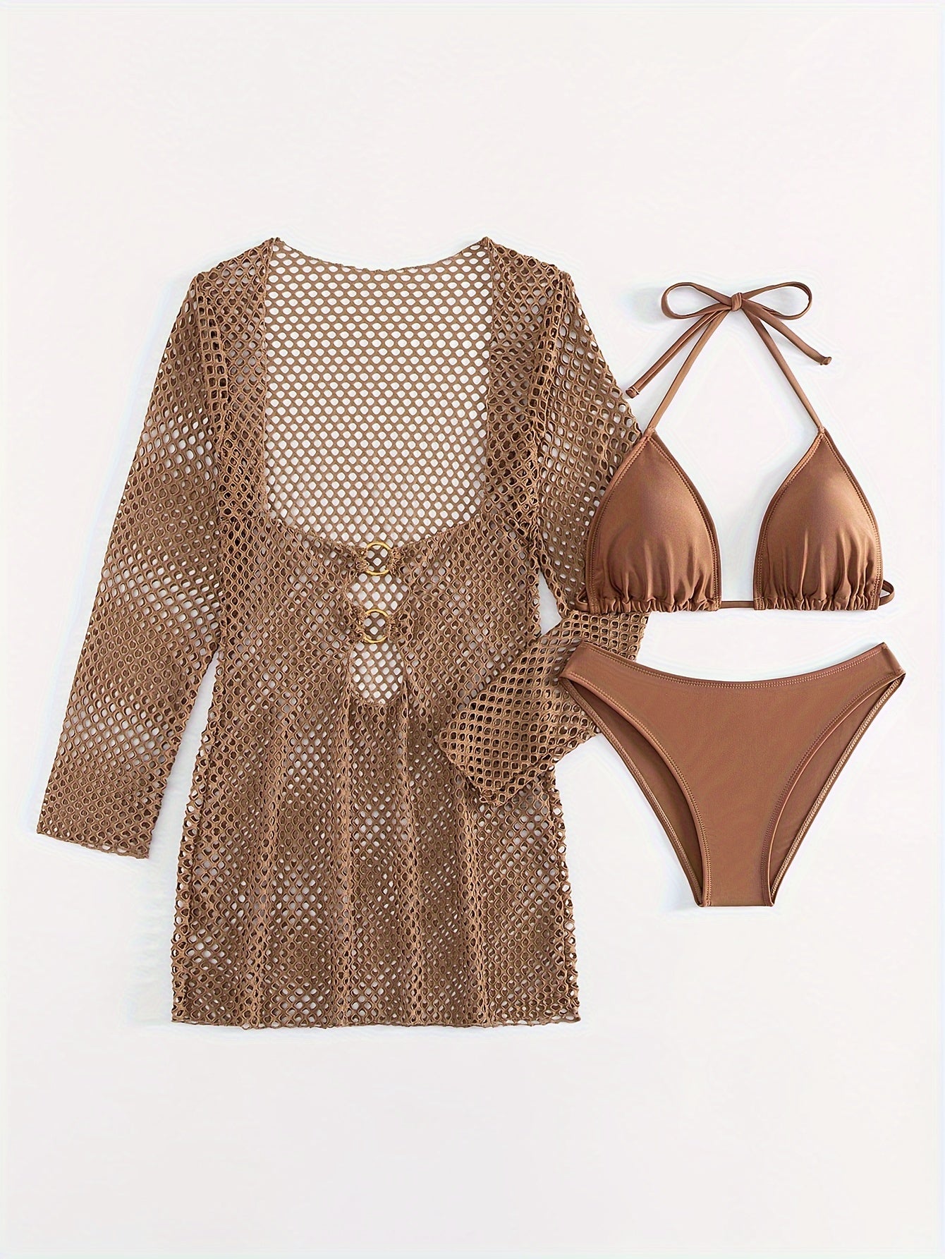 Women’s Halter Neck Bikini Set with Sheer Cover-Up Polyester Spandex High Stretch